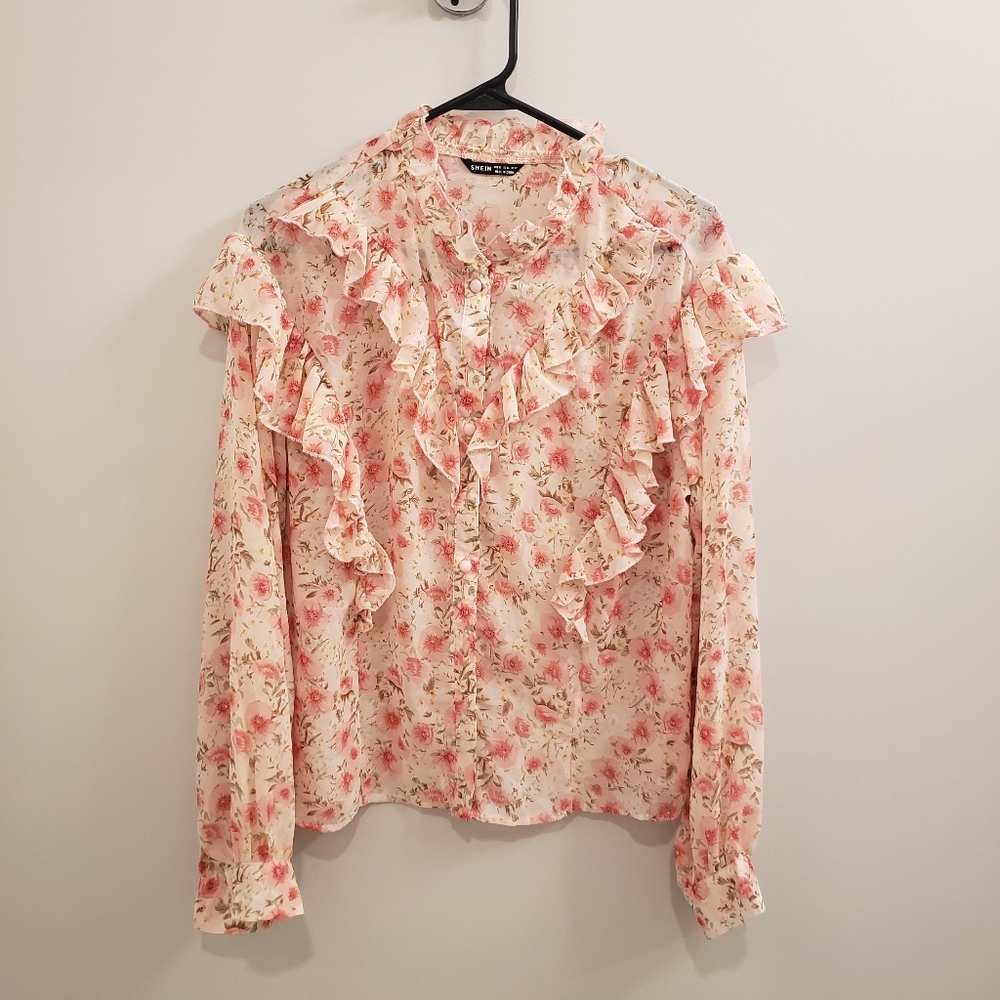 floral long sleeve button up blouse